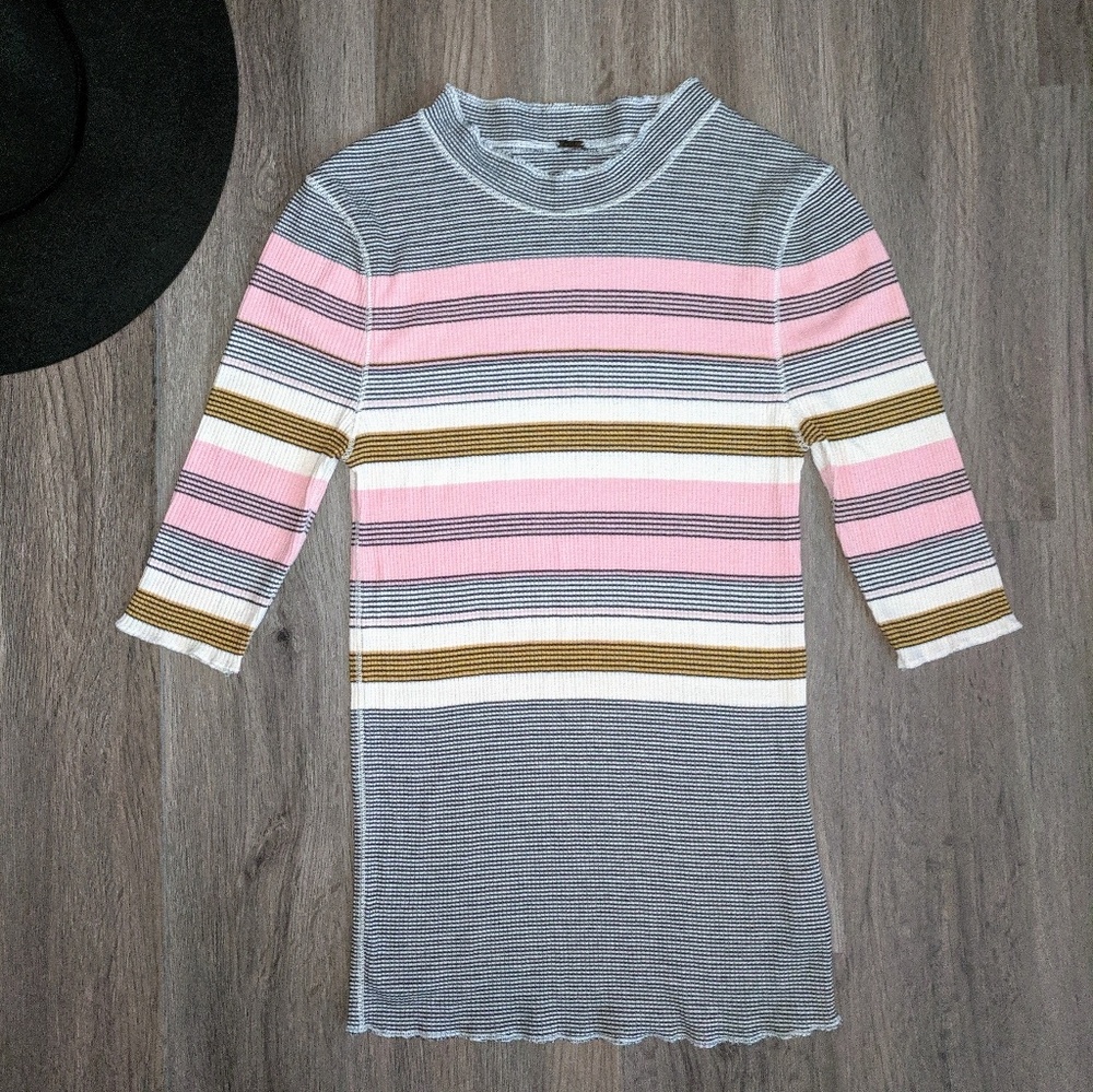 Free People Striped 3/4 Sleeve High Neck Tee XS